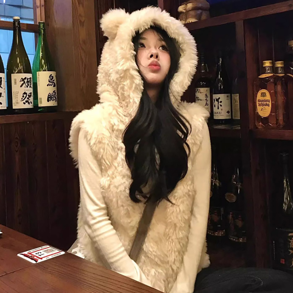 귀여운 곰돌이귀 퍼 후드베스트 조끼 AF-75 - 메인 이미지