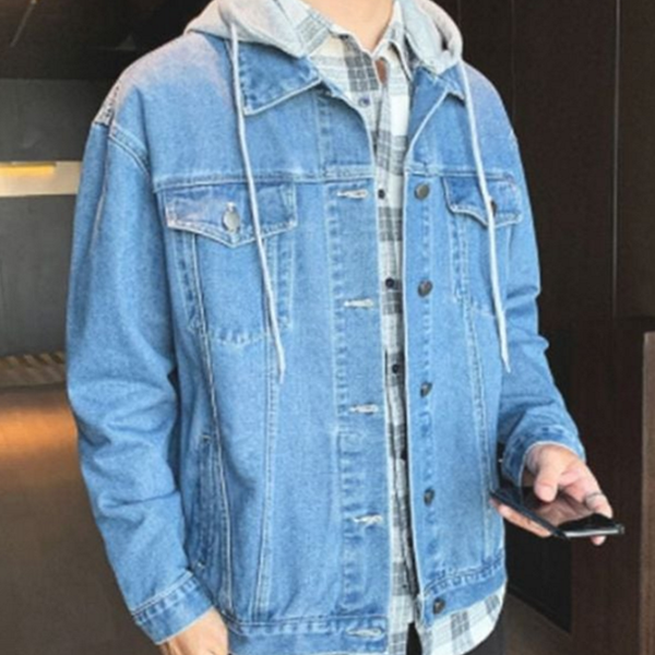 루즈핏 남자 데님 자켓 레이어드 남성 후드 청 자켓 데 - 상품 이미지