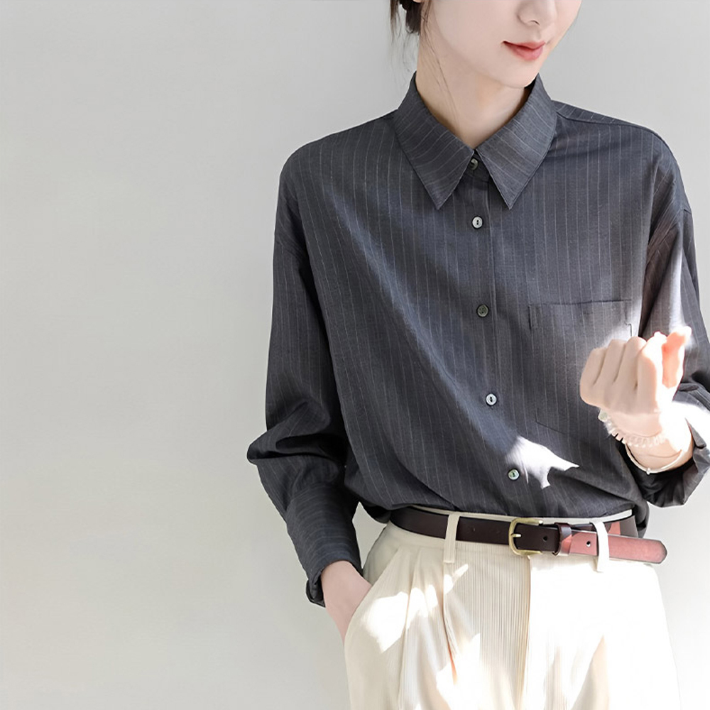 G126966_클래식핏 스트라이프 그레이 긴팔셔츠 블라우스 - 상세 이미지 2