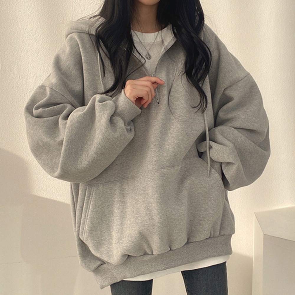기모 반집업 모자 티셔츠 겨울 캐주얼 후드티 - 2컬러 - 상품 이미지