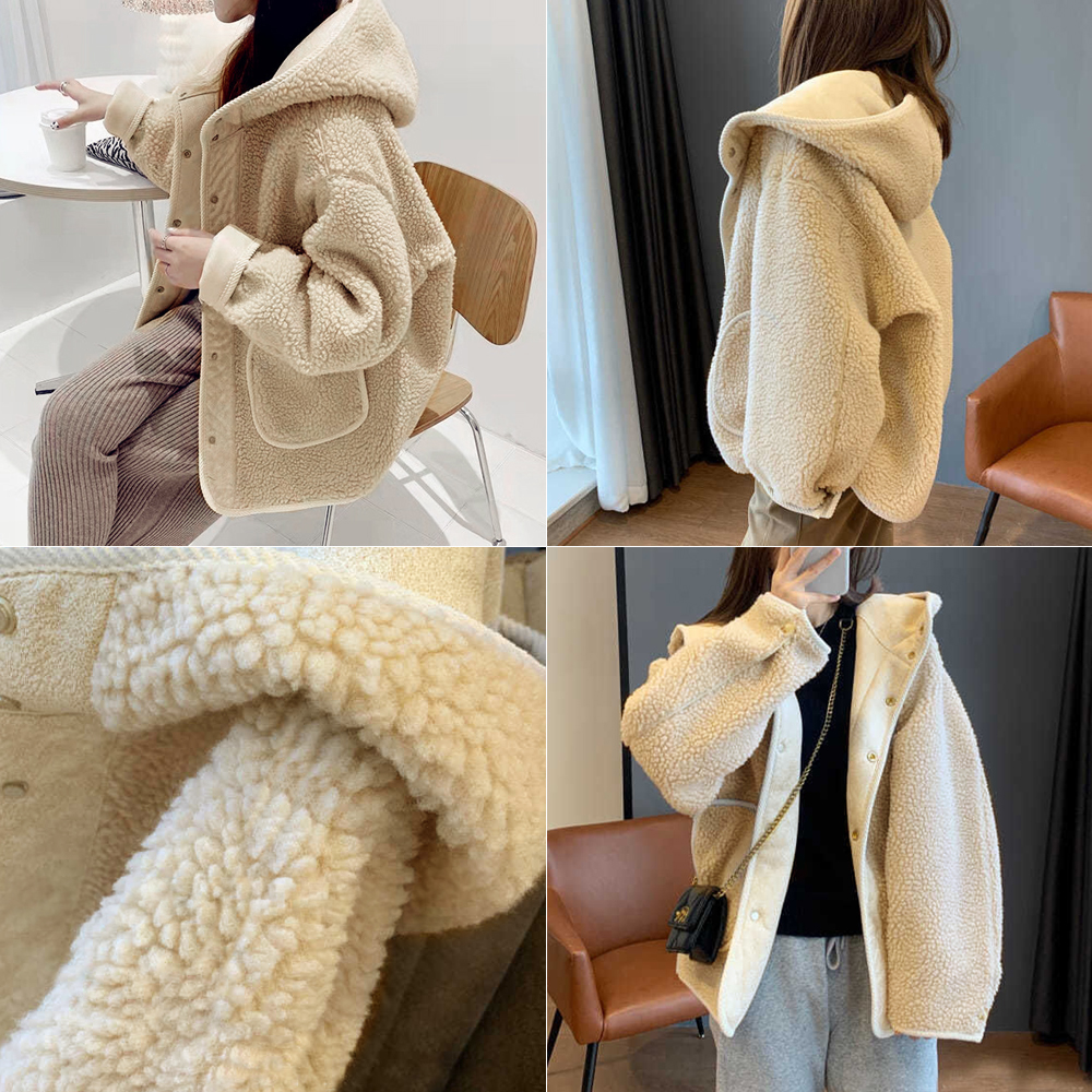 [큰손할인] 플러피 후드아우터 귀여운 후집 부들 따뜻한 양털 자켓 루즈핏 - 상세 이미지 3
