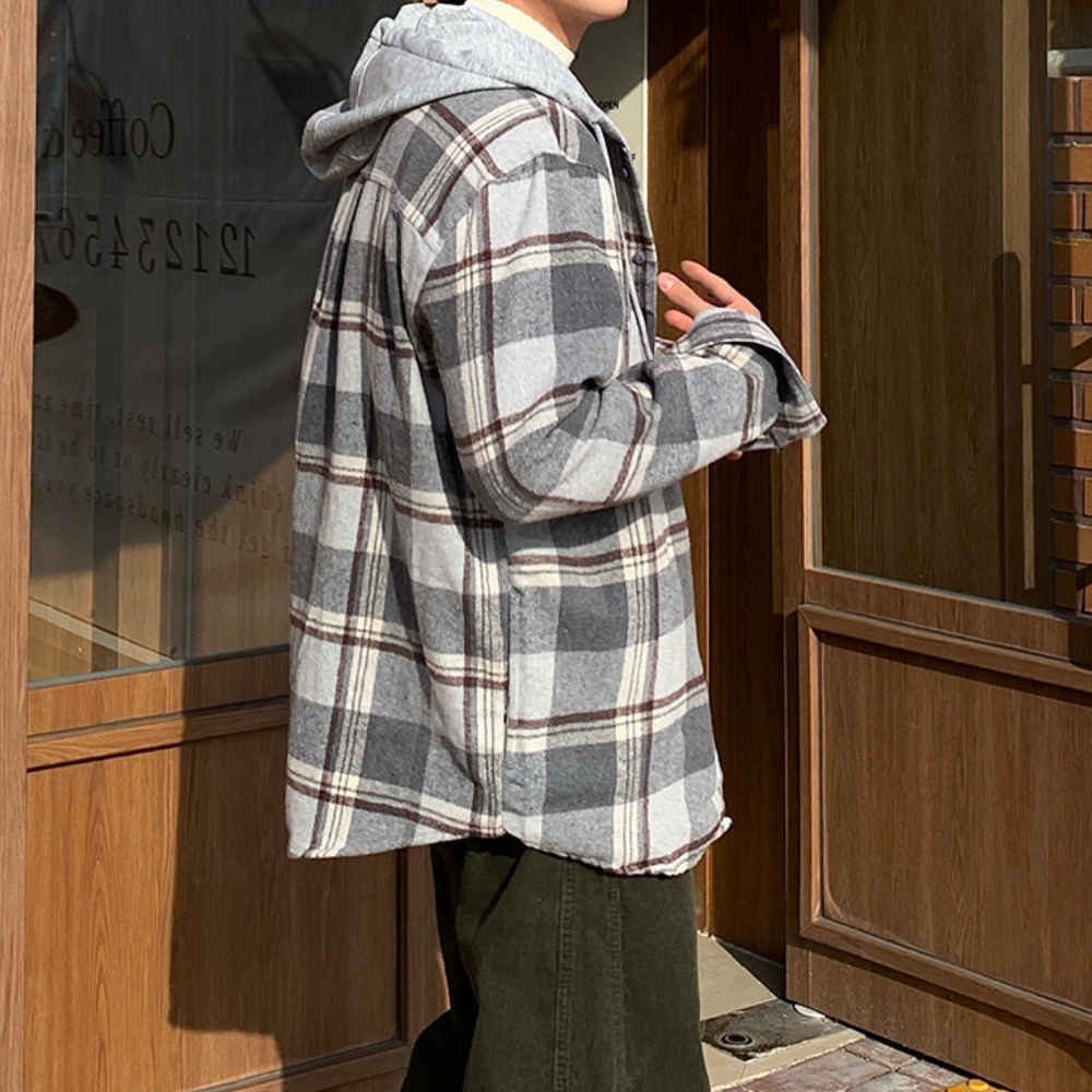 남자 노마 오버핏 겨울 기모 체크 후드 셔츠 남방 - 상세 이미지 4