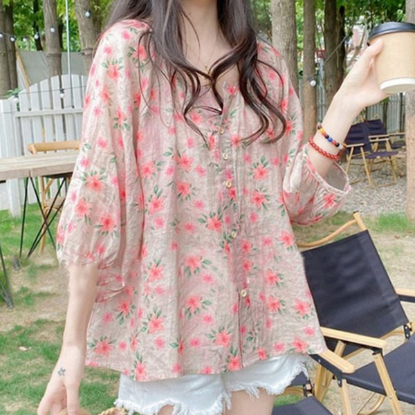 데 여성 플라워 블라우스 루즈핏 여성 여름 블라우스 반팔 퍼프 - 상품 이미지
