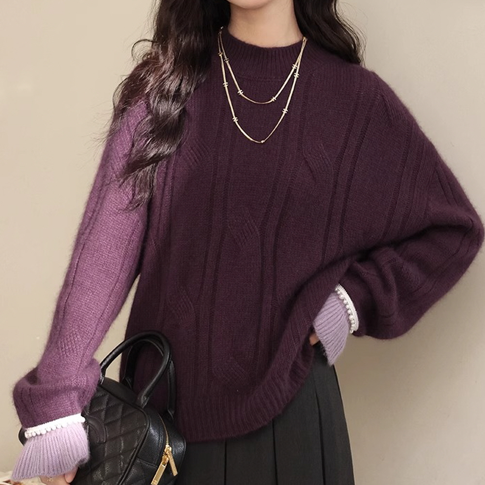 진주 소매 포인트 투톤 루즈핏 퍼플 스웨터 - 상품 이미지