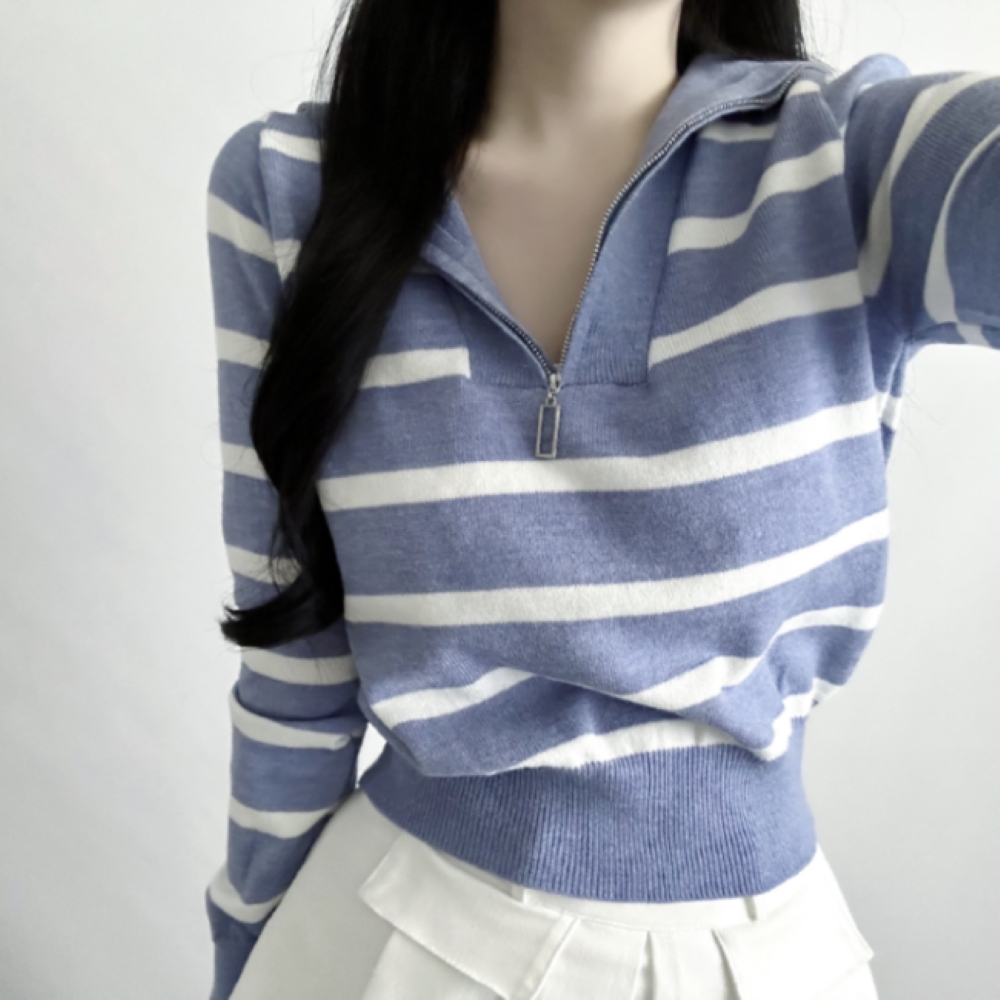 카라넥 스트라이프 하프집업 니트 2color - 상품 이미지