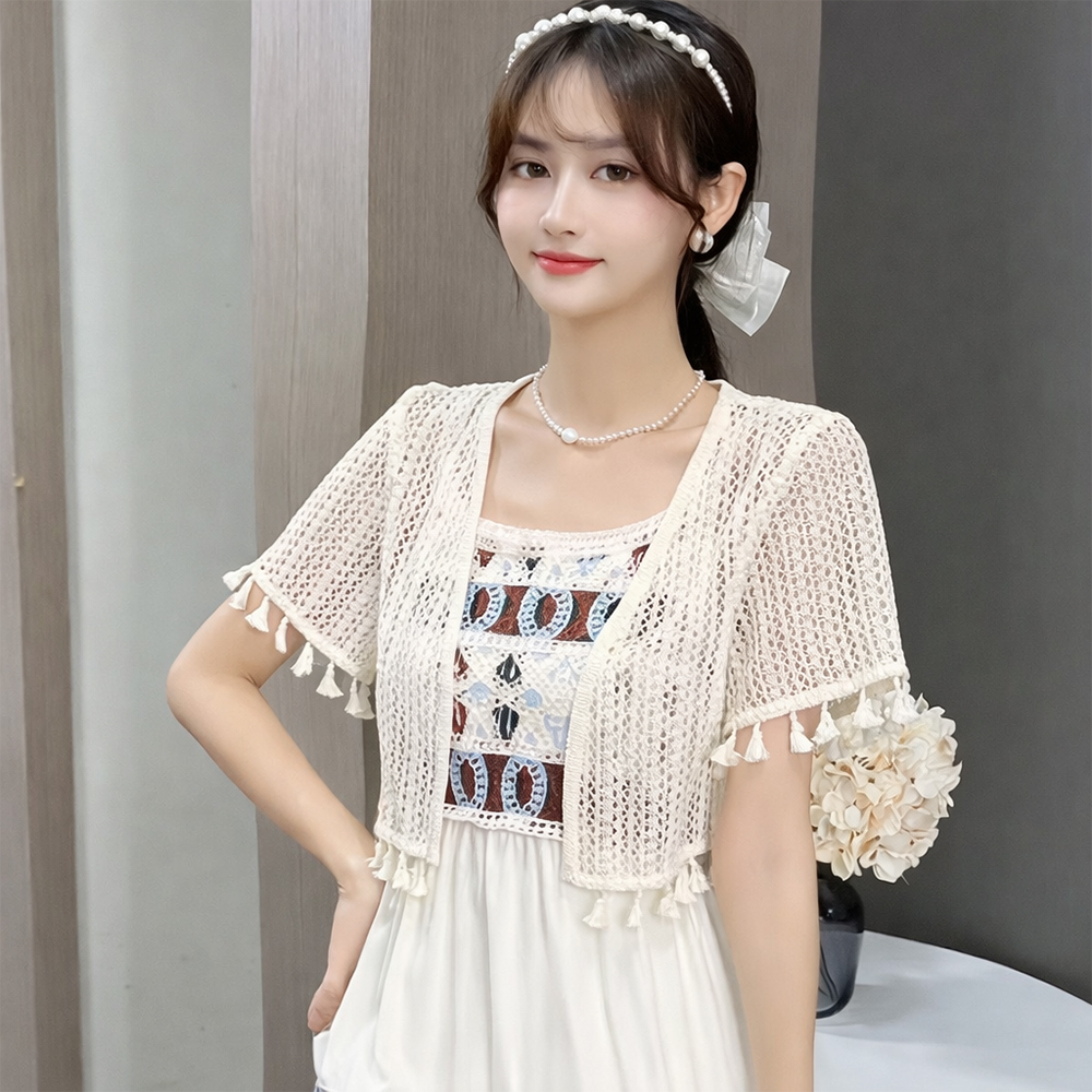 크롭 반팔가디건 펀칭볼레로 시스루 봄 여름 니트 루즈핏 레이어드 크로셰 - 상품 이미지