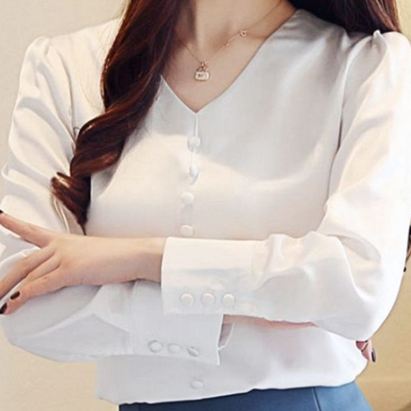 데 여성 블라우스 캐주얼 여자 블라우스 화이트 브이넥 셔츠 가을 - 상품 이미지