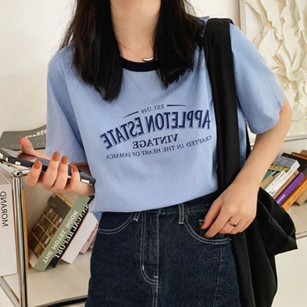 반크롭 여성 반팔 티셔츠 레터링 여자 라운드 티셔츠 캐주얼 여름 - 상품 이미지