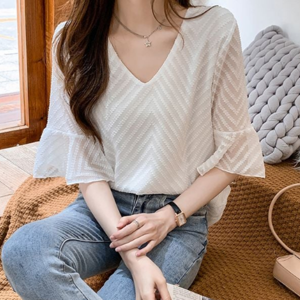 데 여성 블라우스 시스루 여성 셔링 블라우스 브이넥 반팔 여름 - 상품 이미지