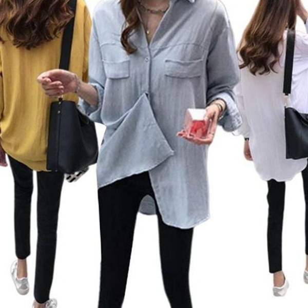 데 여성 롱 블라우스 캐주얼 여자 루즈핏 셔츠 와이셔츠 오버핏 - 상품 이미지