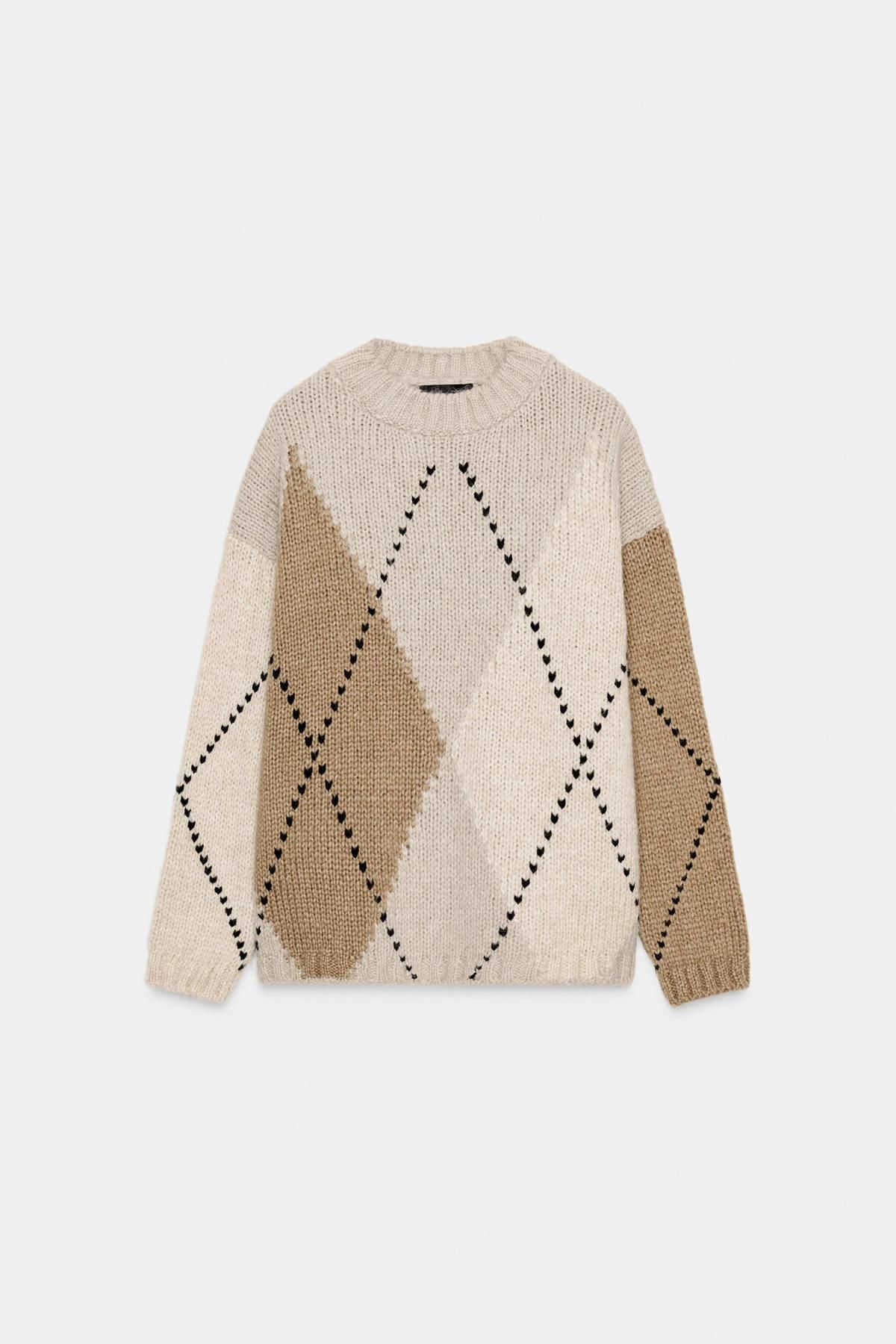 자라 아가일 패턴 라운드넥 니트 스웨터 5802/101 BEIGE - 상품 이미지