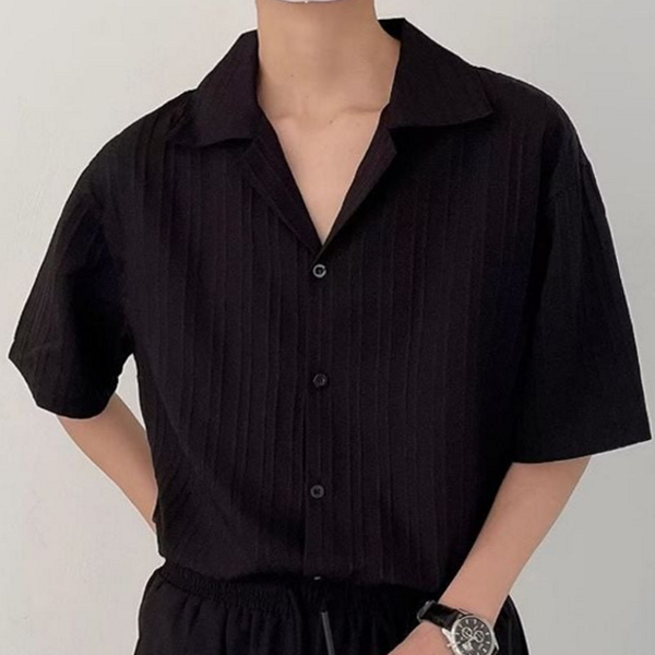루즈핏 남성 플리츠 셔츠 오픈 남성 여름 셔츠 반팔 캐주얼 - 상품 이미지