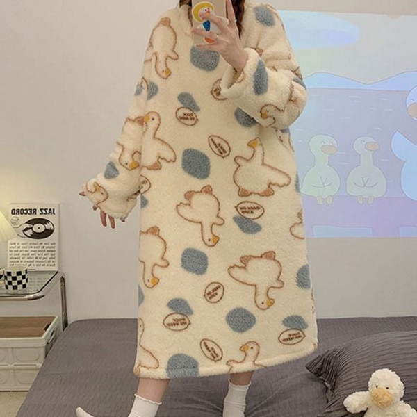 부드러운 여성 겨울 수면 잠옷 여유핏 여성 극세사 원피스 따뜻한 - 상품 이미지