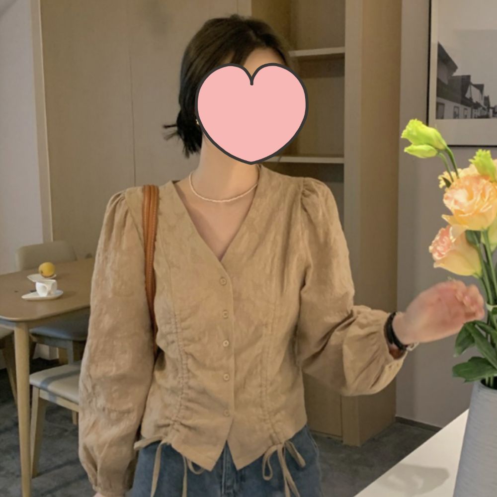 브이넥 셔링 스트랩 블라우스 JSC-d0195 - 상품 이미지