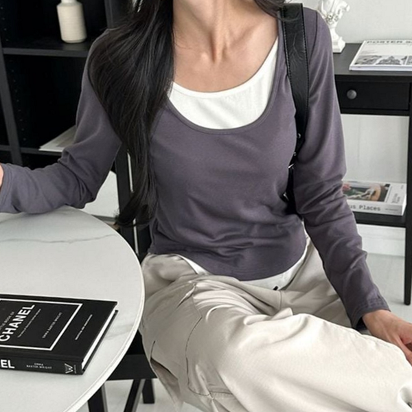 스퀘어넥 여자 긴 팔 티셔츠 라운드 여성 레이어드 티셔츠 베이직 - 상품 이미지