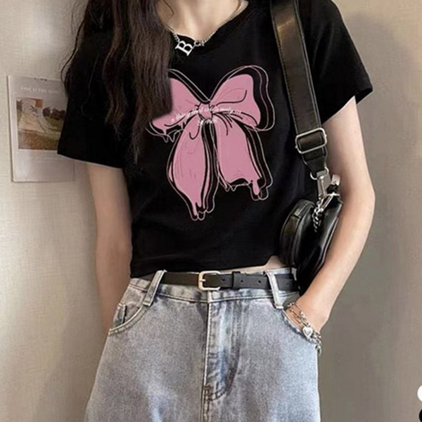 루즈핏 여성 크롭 티셔츠 박시핏 여성 반팔 티셔츠 프린팅 데 - 상품 이미지