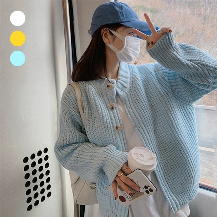 여자 따뜻 두툼한 골지 예쁜 컬러감 라운드넥 가디건 - 메인 이미지