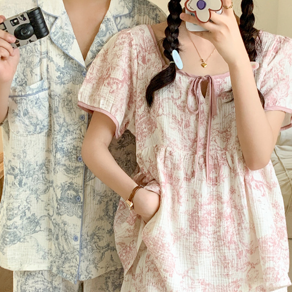 반팔 뜨왈 여름 남성 여성 상하의 잠옷 파자마 - 상세 이미지 3