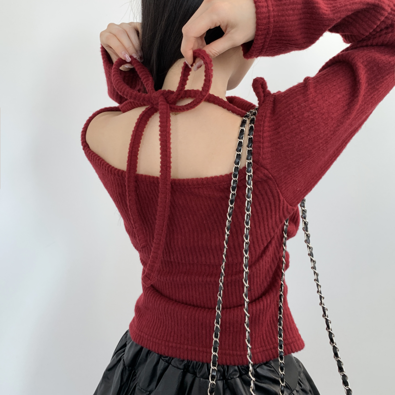 여성긴팔티셔츠 홀터넥 드레이프 오프숄더티 이미지 6
