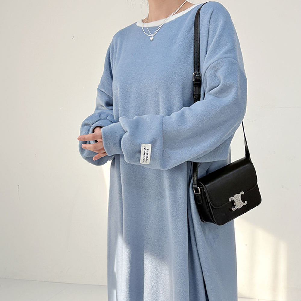 라벨 배색 후리스 오버핏 원피스