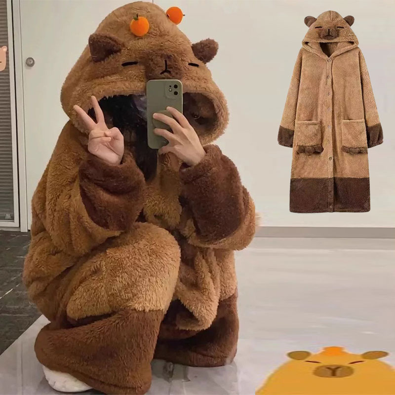 귀여운파자마 포근한파자마 겨울잠옷 수면파자마 카피바라잠옷 수면잠옷 후드파자마 롱파자마 도톰 - 상품 이미지