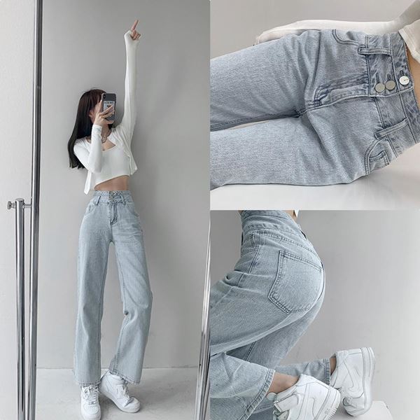 팬츠 레트로 일자 데님 하이웨스트 와이드 - 상품 이미지