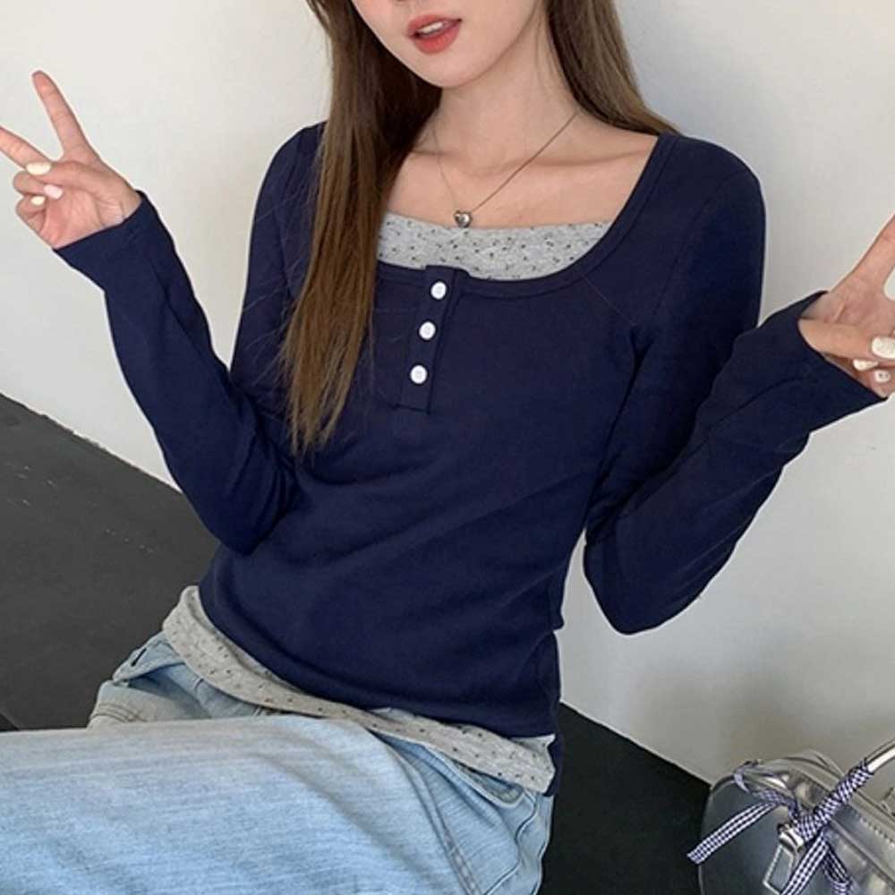 레이어드 포인트 단추 티셔츠 NM-0132 - 메인 이미지