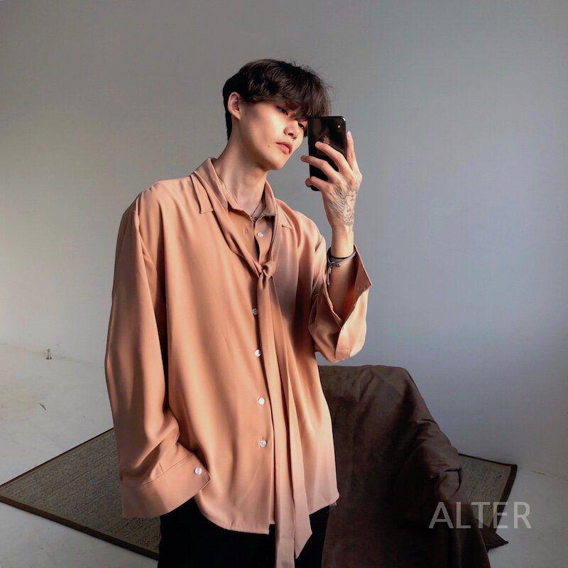 남성 루즈핏 쉬폰 데이트룩 드레스 정장 블라우스 남방 셔츠 - 상세 이미지 2