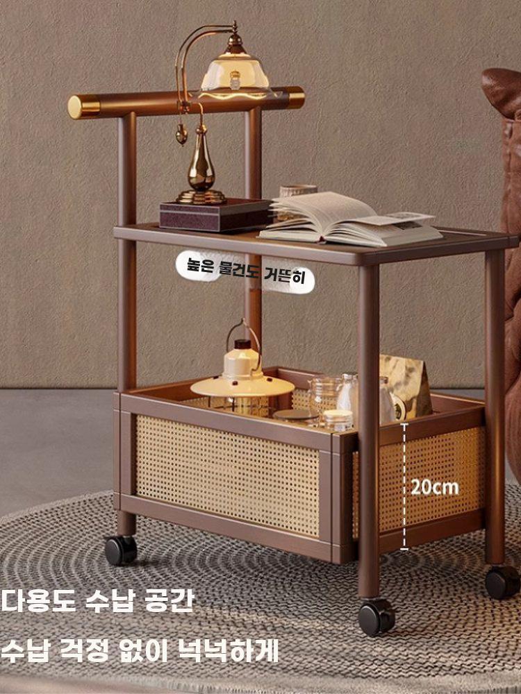 원목 라탄트롤리 빈티지 카트 테이블 이동식 협탁 사이드테이블 화이트 길이 50cm - 상세 이미지 2