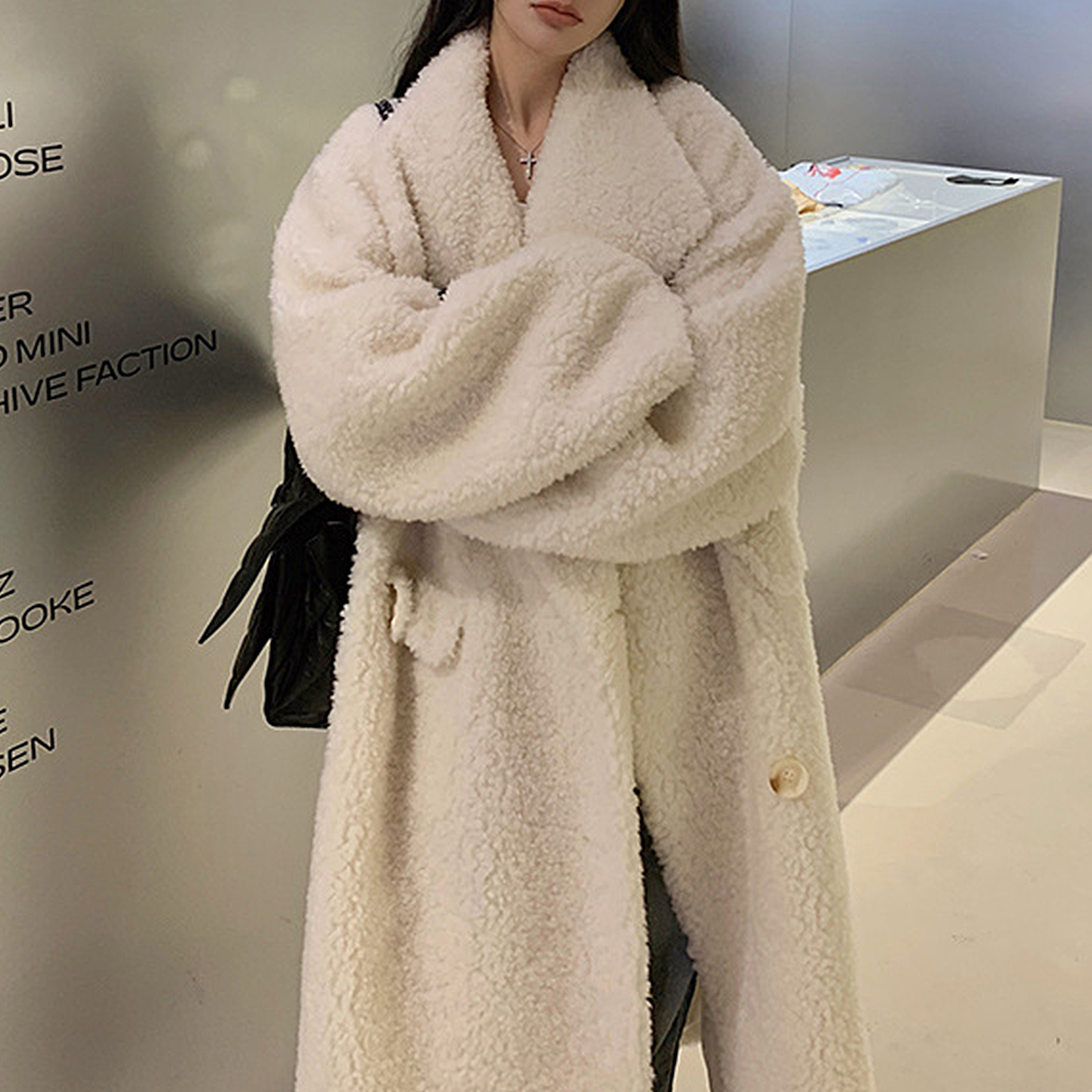 여성 무스탕 롱코트 리얼 양털100 아이보리 겨울 아우터 - 상품 이미지