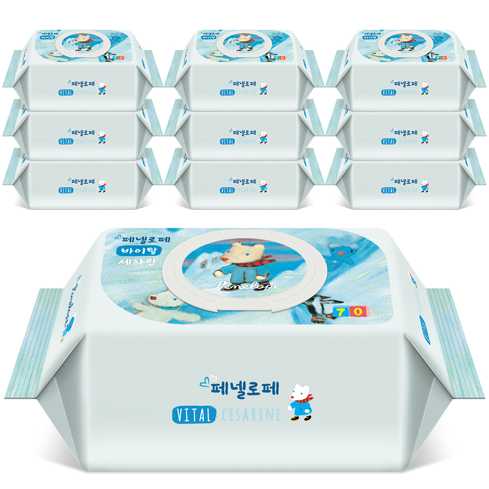 페넬로페 아기물티슈 바이탈 플러스 세자린 캡형 70매x10팩 - 상품 이미지