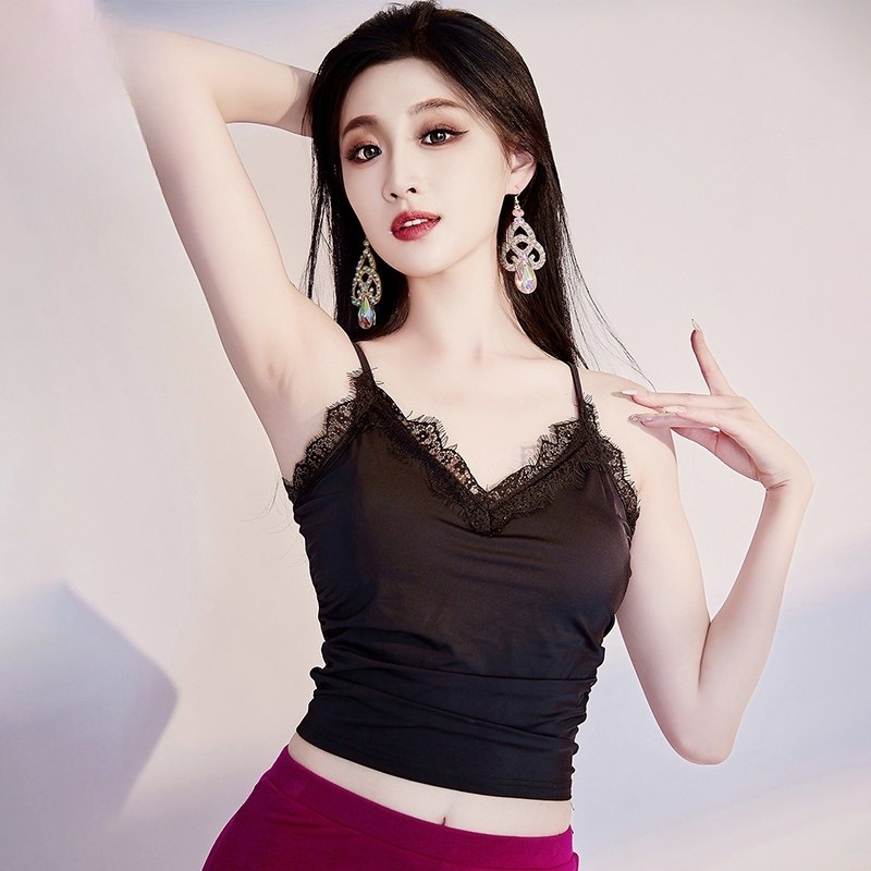 벨리댄스복 의상 치마 블랙 레이스 브이넥 민소매 슬림핏 스판 재질 대회공연 연습 - 상세 이미지 2