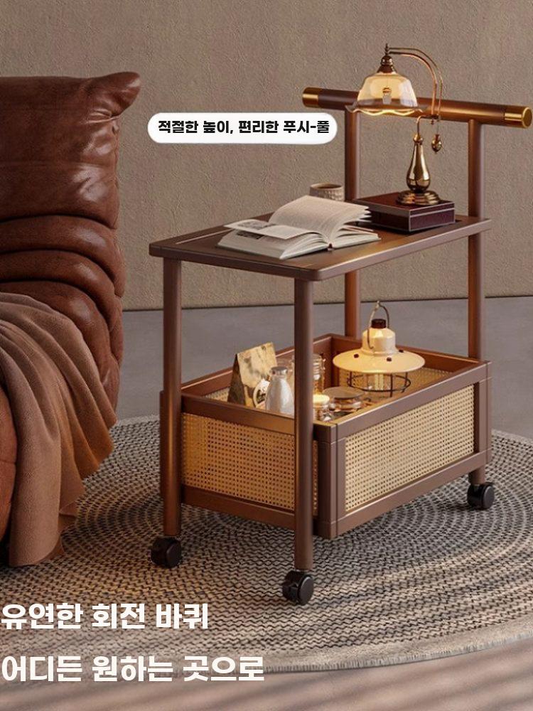 원목 라탄트롤리 빈티지 카트 테이블 이동식 협탁 사이드테이블 화이트 길이 50cm - 상세 이미지 4