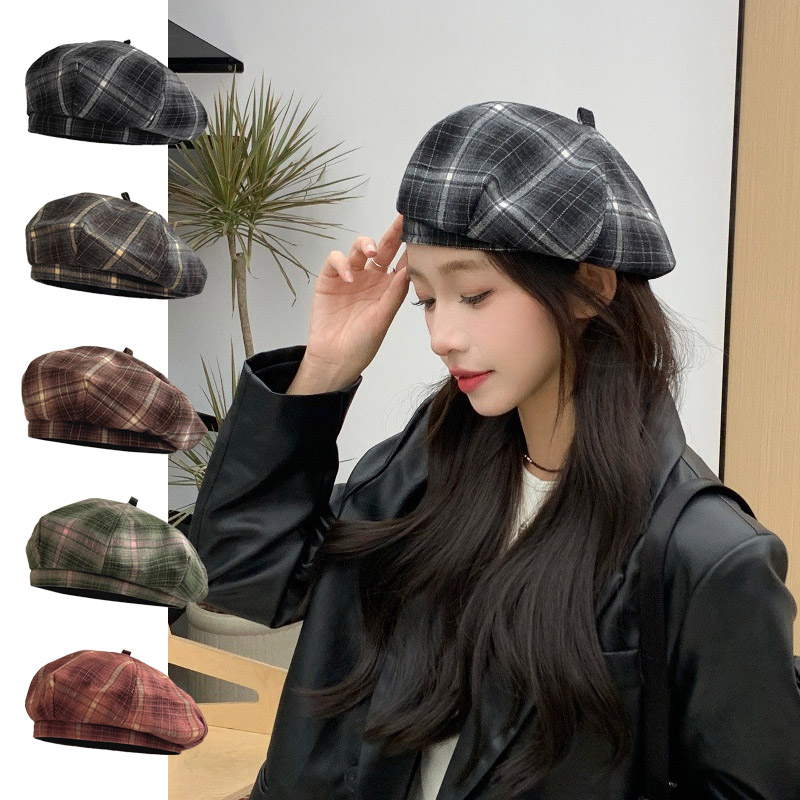 빈티지 베레모 카페 화가 봄 가을 겨울 빵모자 체크 - 메인 이미지