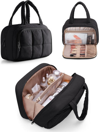 [해외]걸이 고리가 달린 여성용 마스캠드 여행용 세면도구 가방 및 화장품용 누수 방지 포켓이 있는 방수 퍼프 메이크업 정리함 - 검은색(가방 전용) Black