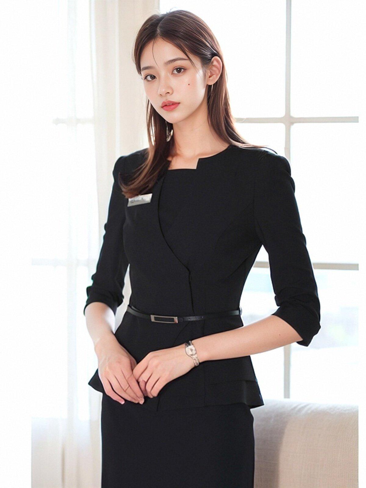7부병원유니폼 데스크 원무과 코디네이터 비서 호텔 프론트 전문직 여성 유니폼 블랙 상의+블랙 스커트 S - 상세 이미지 2