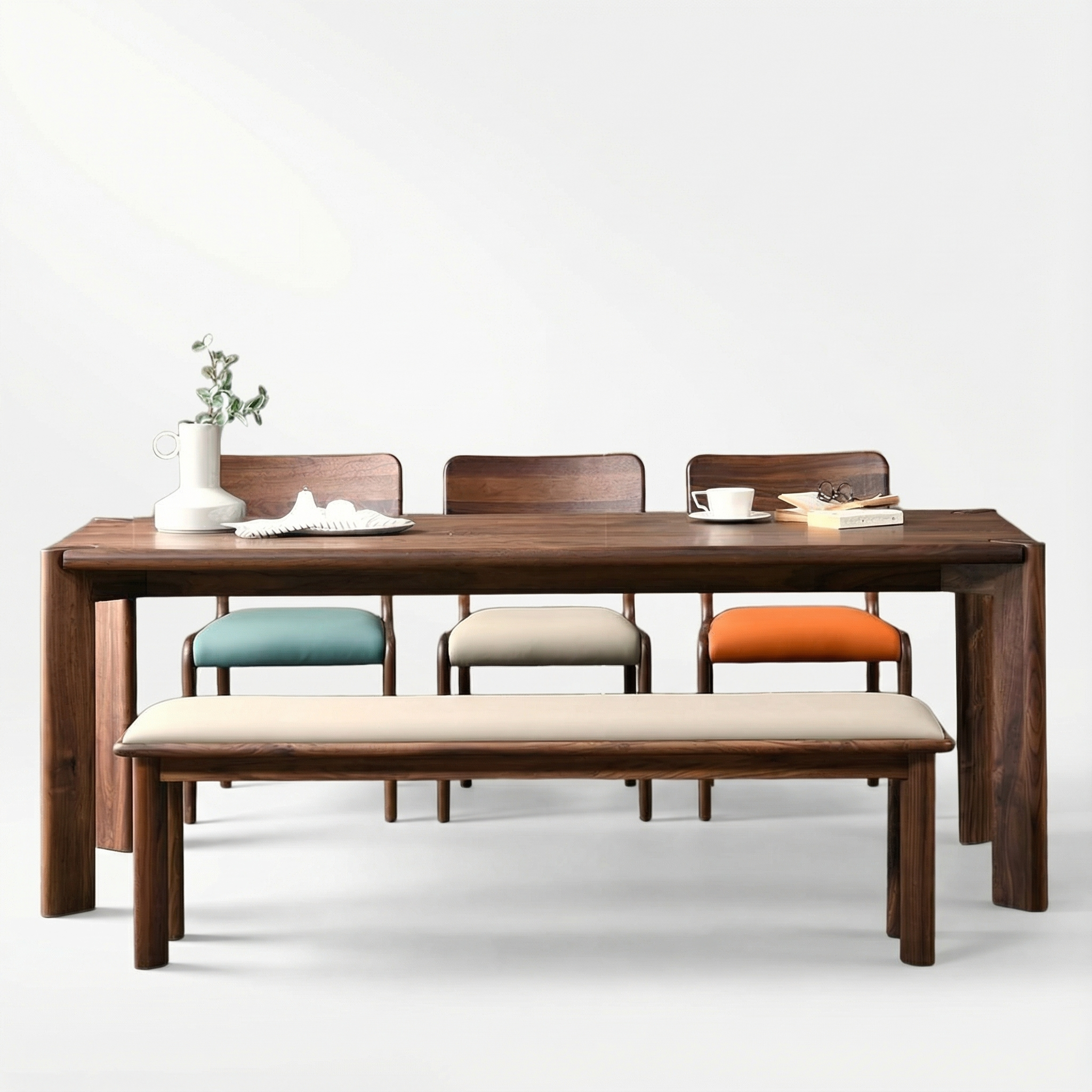 스코나 오니안 호두나무 월넛 원목 6인 다이닝 식탁세트(벤치1개+의자3개)