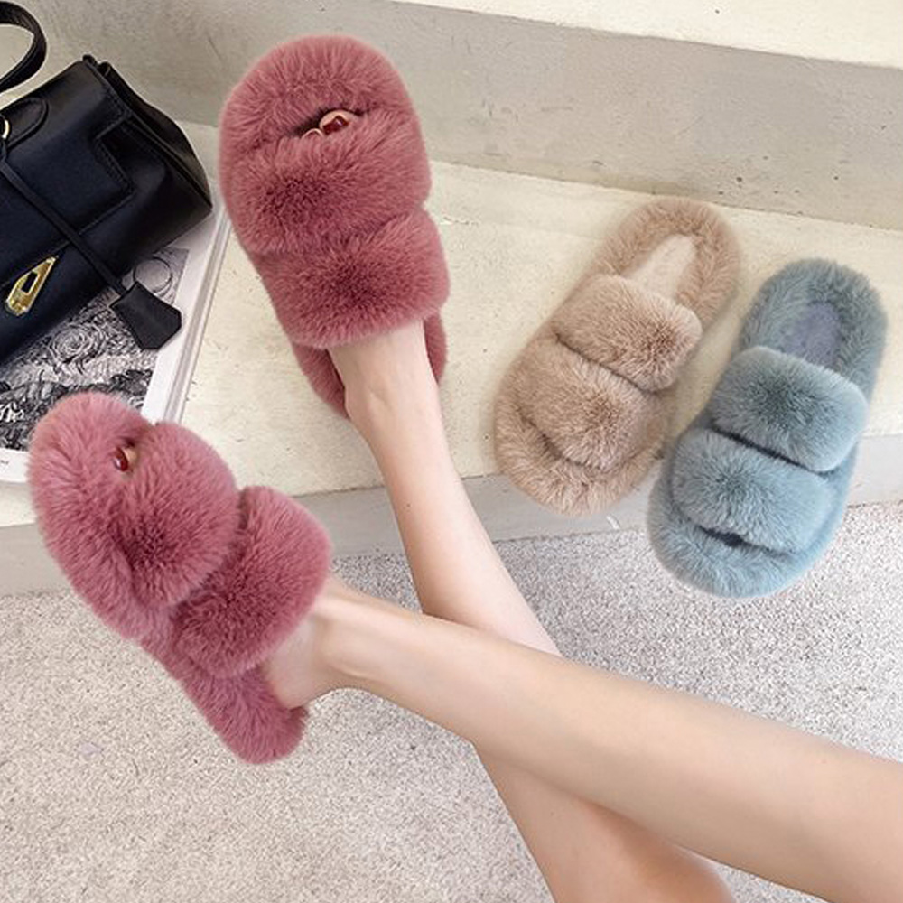 두줄라인 털슬리퍼 신혼 여성 예쁜 거실화 퍼슬리퍼 - 상품 이미지