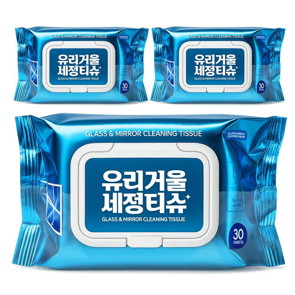 유리거울 세정티슈 뽀득 청소 알콜물티슈 세정 주방 티슈 청소 멀티클리너 30매, 3개 - 상품 이미지