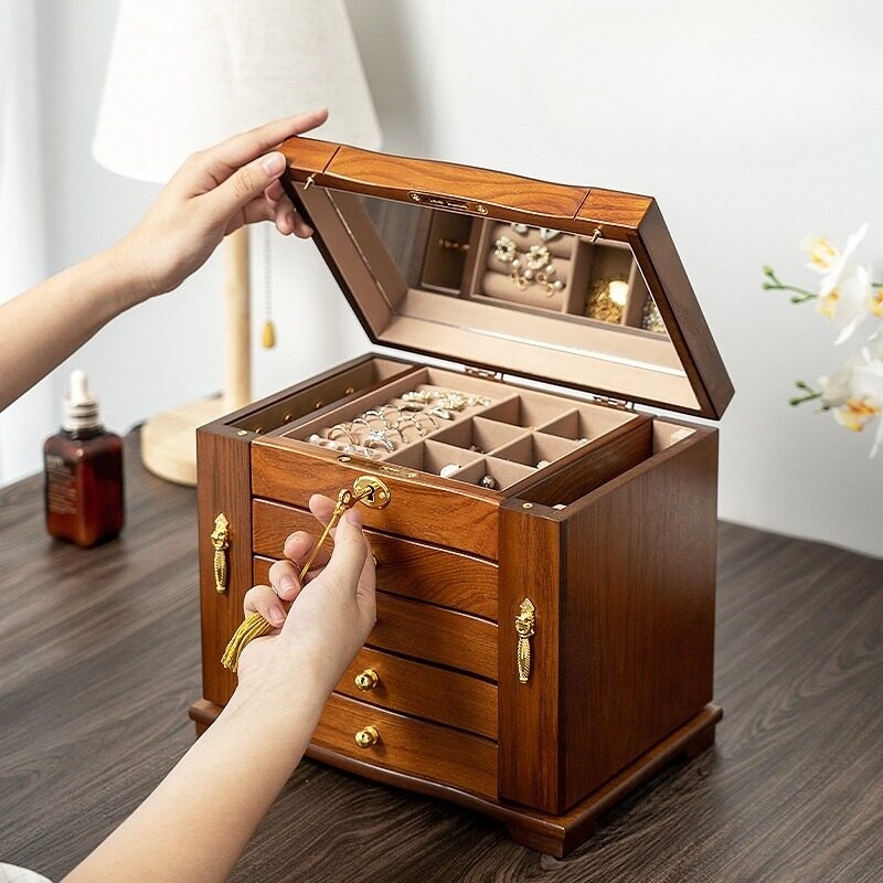 악세사리 원목보석함 빈티지 고급 앤틱브라운 브라운안감 유리뚜껑 잠금장치 4단서랍형 양문형 - 상세 이미지 2