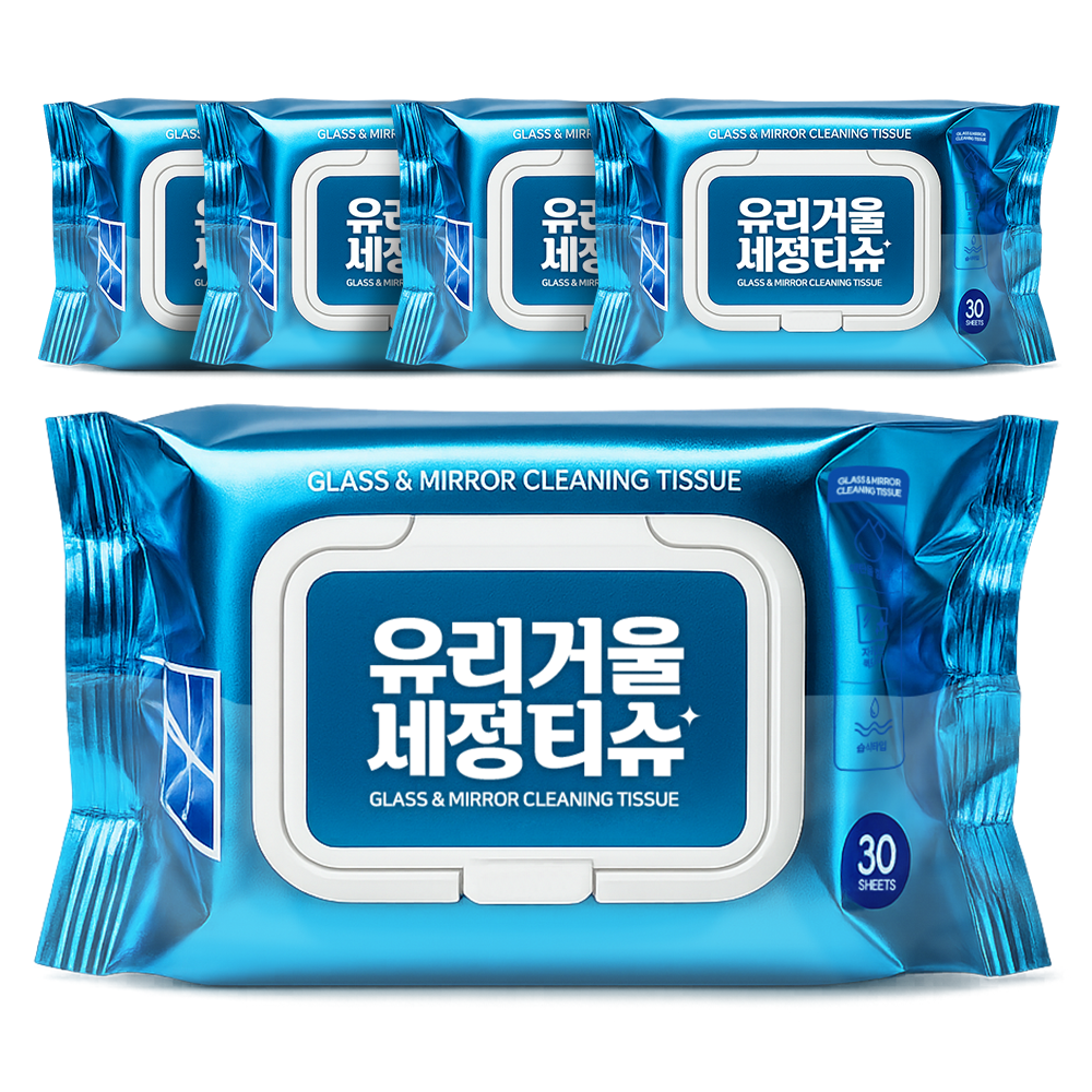 유리거울 세정티슈 뽀득 청소 알콜물티슈 세정 주방 티슈 청소 멀티클리너 30매, 5개 - 상품 이미지