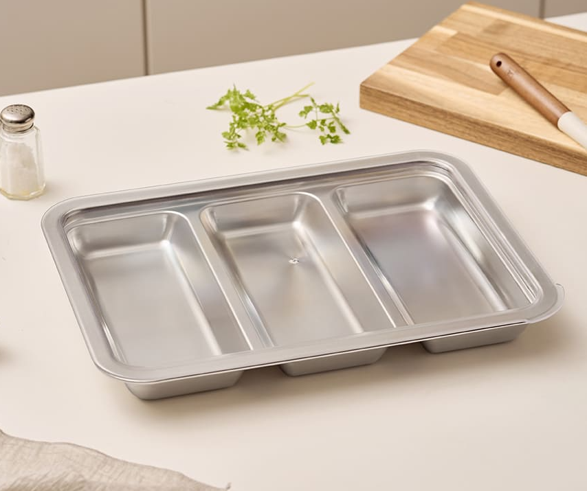 바겐슈타이거 무연마제 스텐 사각 트리플 트레이 김밥재료보관 35.5cm x 26.5cm, 1개 - 상세 이미지 2