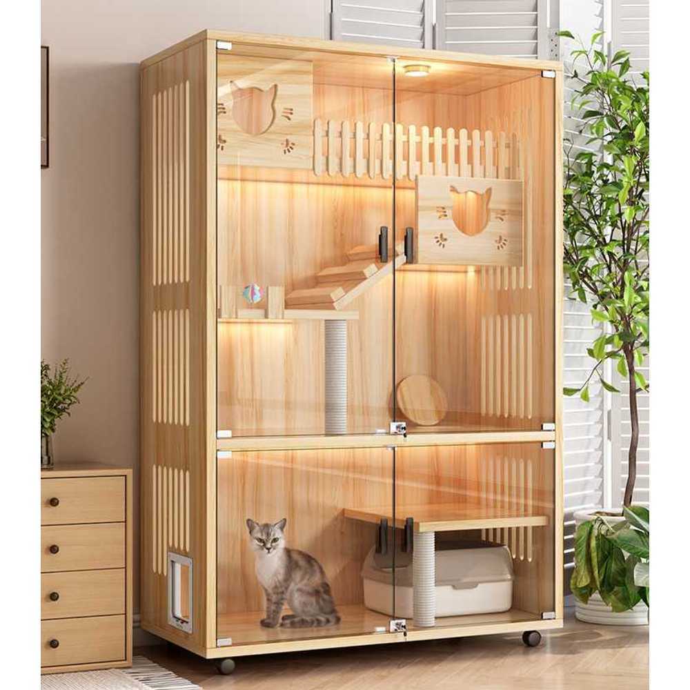 J2K 대형 원목 고양이 하우스 아파트 캣타워 반려 용품 120x60x60 원목 강화 유리 - 상품 이미지