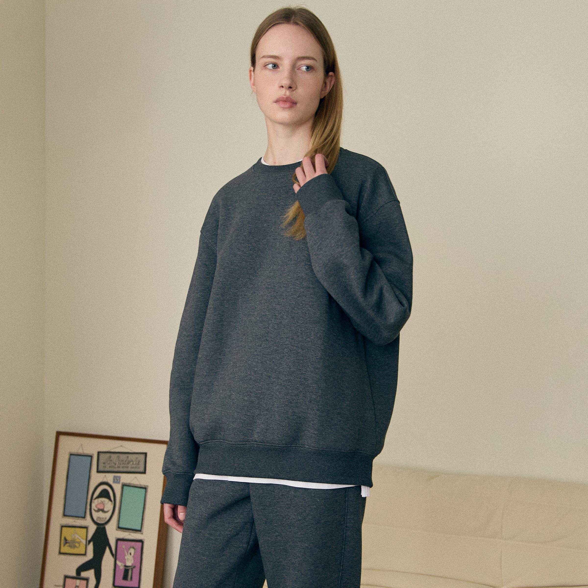 베이직하우스 여성 면 기모 쥬리 맨투맨 스웻 티셔츠