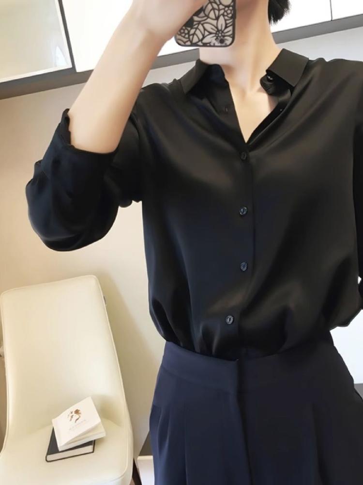 새틴 광택있는블라우스 단추 실크 셔츠 여성 상의 레이디 긴팔 - 상세 이미지 4