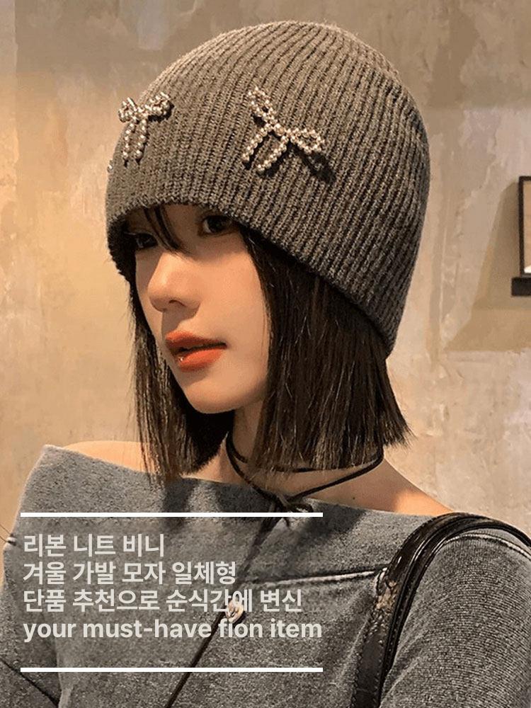 가발달린비니 리본 니트 모자 항암가발 패션  짧은 직선 머리 - 상세 이미지 2