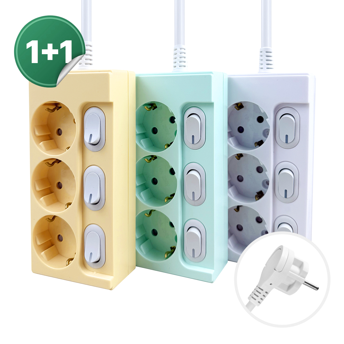 1+1 제로갭 국산 슬림 납작 멀티탭 3구 고용량 개별스위치 16A 1m