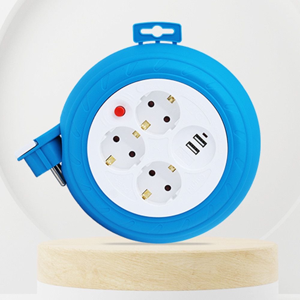 러그박스 멀티탭 라운드 릴선 3구 USB 2포트 3M 1.0SQ (블루) 이지콕 플러그 접지 코드릴 - 상품 이미지
