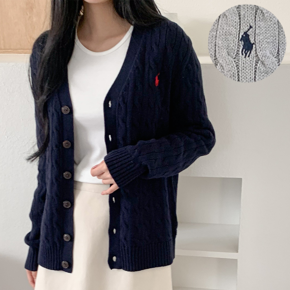 폴로 가디건 보이즈 꽈배기 브이넥 여성 카디건 니트 제품 이미지