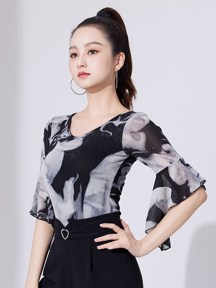 라인 라틴 댄스복 상의 모던 블라우스 티셔츠 연습복 - 상세 이미지 2